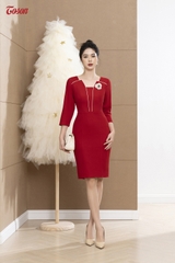 41893D32 - Đầm đỏ đô mango, cổ V bong lé be phối limitted