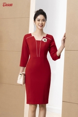41893D32 - Đầm đỏ đô mango, cổ V bong lé be phối limitted