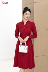 43592D62 - Đầm tuýp si đỏ đô thắt đai, dáng dài cổ V nẹp đính cúc