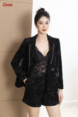 84976B52 - Áo vest blazer đen nhung loang, phối lé dây kim tuyến.