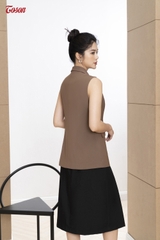 34997B52 - Chân váy đen tuytsi xếp ly, đính cúc lệch..