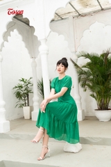 42126X83-Đầm lụa tơ xanh mint, dáng xòe tay liền cổ đính nơ nhỏ......