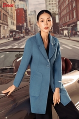 99411X32 - Áo dạ lông cừu xanh dương dáng dài, túi ốp, cổ đính trang trí