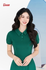 DP016X63 - Đầm cotton xanh lá, cổ polo tay cộc dáng A.