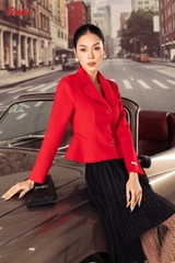 99985D82 - Áo dạ lông cừu đỏ, cổ ve tròn, tà áo cắt lượn
