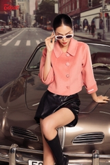99988P82 - Áo dạ lông cừu hồng pastel, dáng suông tay lỡ gập lơ vê Limitted