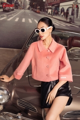 99988P82 - Áo dạ lông cừu hồng pastel, dáng suông tay lỡ gập lơ vê Limitted