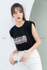 AP555B82 - Áo phông Cotton đen vai chờm, in chữ Mood