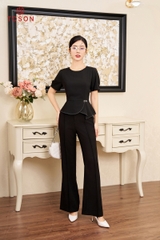 14938B63 - Áo carolan đen, dáng peplump, xếp ly trần chỉ