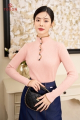 AL012P33 - Áo len Hồng cổ cao, dệt sóng đính cúc,.