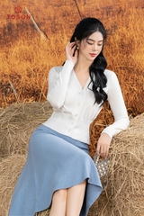 AL003W33M - Áo len trắng cổ tim chữ Toson, dệt bo gấu.