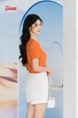 14059C93 - Áo sơ mi cam đào, dáng bo gấu thắt nơ đai Limitted..