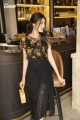 44154B03 - Đầm dáng dài voan ngựa đen phối hoa vàng......