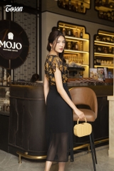 44154B03 - Đầm dáng dài voan ngựa đen phối hoa vàng......