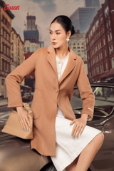 99233N32 - Áo dạ lông cừu nâu bò dáng dài, cổ K túi, cửa túi cắt lượn (Limitted)