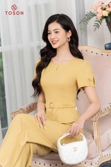 B1274V63 - Bộ vàng cốm tuýp si: Áo thắt đai + quần suông...