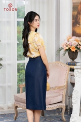 30020T93 - Chân váy bò tím than, dáng suông cạp phối nơ cách điệu SXTN.