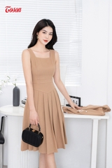 B8482E82 - Bộ Text be nâu: Áo vest lửng ve bầu + Đầm xòe sát nách (Limitted)..