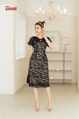 44177B93 - Đầm ren đen dáng suông A, cổ tạo xoắn Limitted.