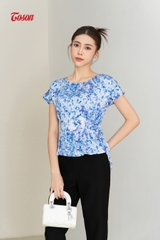 14133L03 - Áo sơ mi lụa loang xanh, tay zéc lăng, thắt nơ eo Limitted.