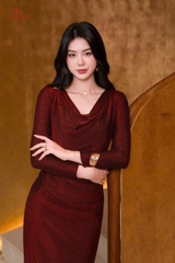 49120D65 - Đầm cổ đổ bling bling đỏ kim tuyến