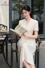 49166E66 - Đầm cổ leo tạo form,thắt eo đính hoa- linen phẩy