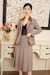 S8571K84 - Bộ text kẻ nhỏ: vest lé, phối thắt đai + CV xếp ly