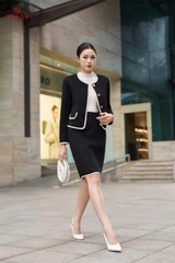 C8301B34 - Bộ dạ lông cừu đen: Áo vest + Chân váy A