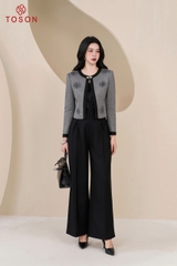 82005G95 - Áo vest ngắn dạ len ghi thêu hoa hồng