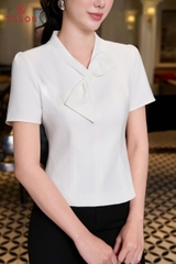 19140W96 - Áo ký giả trắng đũi nhật, cổ tạo nơ