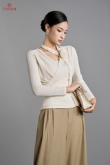 AS124 - Áo thun kem nhúng cổ nơ đính bông hoa