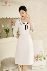 46874W94 - Đầm tweet trắng dáng A, cổ đính nơ hoa