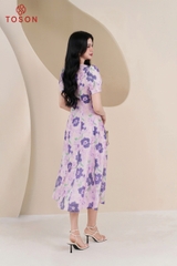 43919H95 - Đầm tơ xòe hoa, cổ đính bông hoa