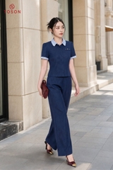JAQ33X96 - Áo denim xanh than cổ phối kẻ