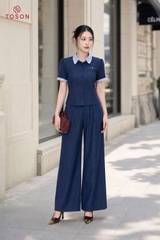 JAQ33X96 - Áo denim xanh than cổ phối kẻ