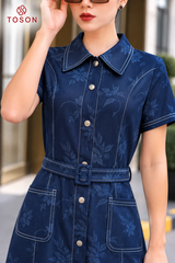 JDC92X96 - Đầm denim họa tiết diễu chỉ trắng