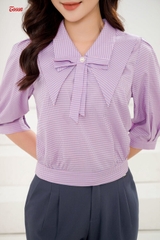 14571P52 - Áo sơ mi thô ô hồng tím, cổ đức V đính nơ - Limitted.