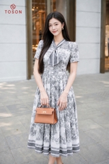43176 - Đầm xòe lụa kẻ cổ nơ