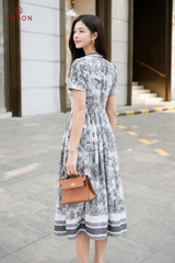43176 - Đầm xòe lụa kẻ cổ nơ