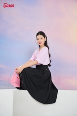14011P63 - Áo thô nhuyễn hồng pastel, form rộng ngực xếp cách điệu nơ....