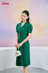 46072X93 - Đầm xanh mango cổ ve thắt đai eo, túi ốp trần chỉ trắng.