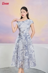 41052T33-Đầm organza tím than họa tiết hoa, dáng xòe lệch vai. Limmitted..