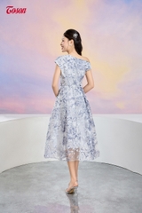 41052T33-Đầm organza tím than họa tiết hoa, dáng xòe lệch vai. Limmitted..