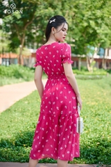 43054S33 - Đầm tơ hồng sen dáng xòe, thêu hoa trắng