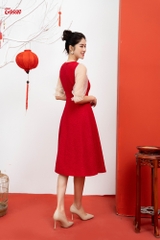 43953D82 - Đầm đỏ nhung nhăn dáng xòe, cổ và tay phối lưới