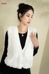 89959W83 - Áo trắng lông tầng sát nách, nẹp phối da đính cúc Limitted.