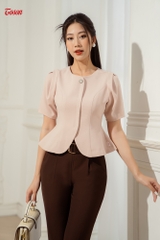 14928W53 - Áo ký giả Vittex be sữa, tay bồng dáng Peplum (Limitted)