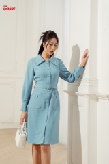 46993X83 - Đầm tuýp si xanh giả sơ mi phối túi ốp đính cúc.,.
