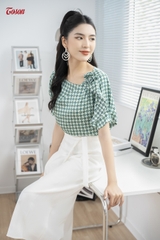 14033X63 - Áo sơ mi lụa họa tiết xanh cổ tròn đính hoa quấn....