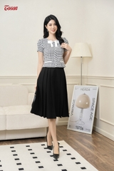 14022K93 - Áo sơ mi linen kẻ đen - trắng cổ đính nơ trắng Limitted..
